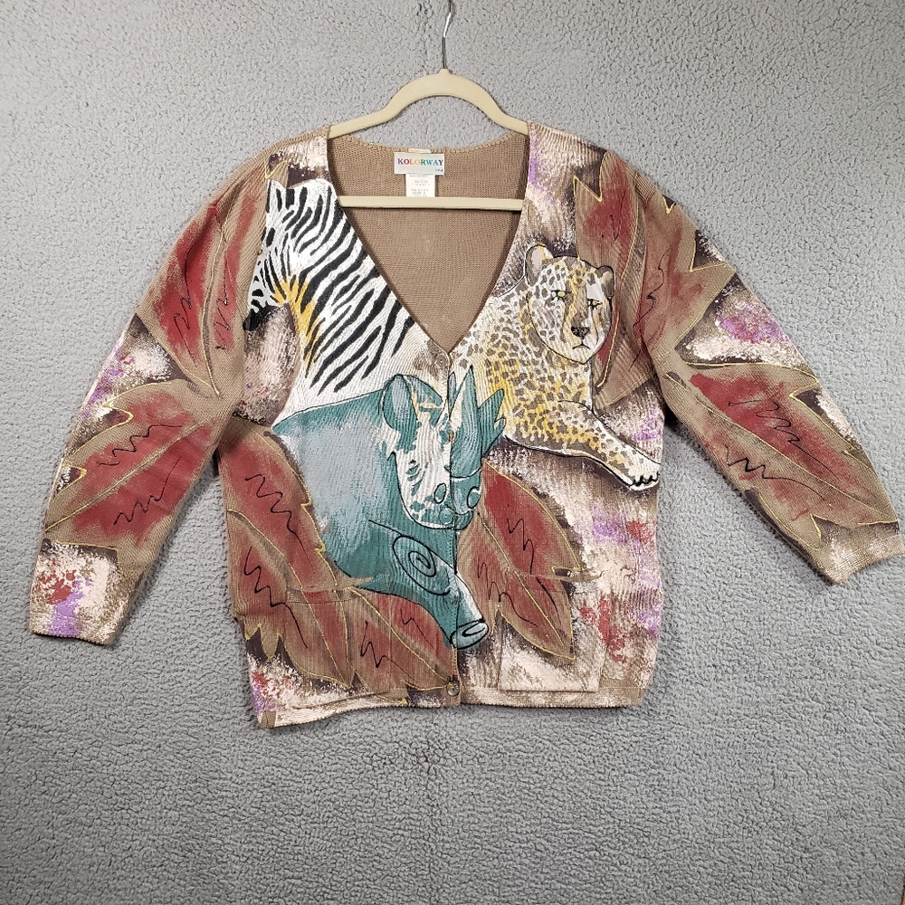 Kolorway hand painted Cardigan sweater Size 2 XL Cheetah rhino and zebra